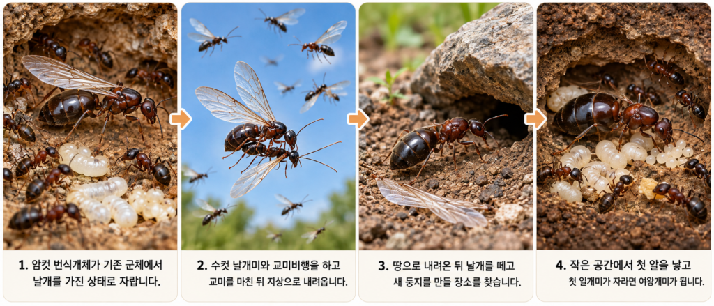 날개미가 교미 후 여왕개미가 되는 과정