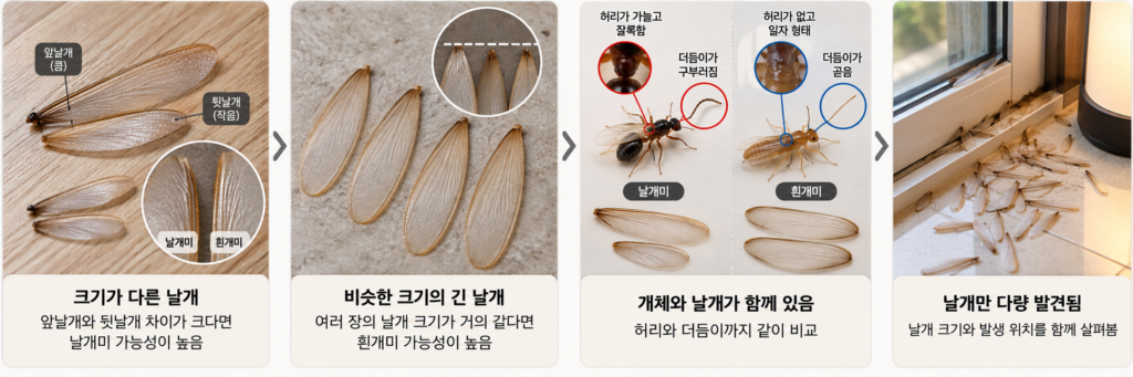 떨어진 날개로 날개미와 흰개미 구분하는 방법