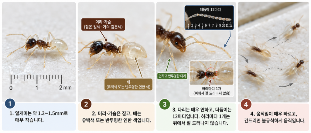 유령개미 크기와 몸 색깔, 다리, 더듬이 특징