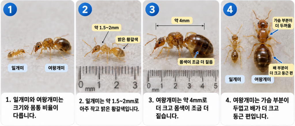 애집개미 일개미와 여왕개미 생김새 비교