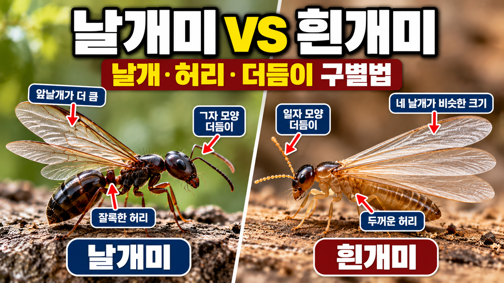 날개미와 흰개미 날개·허리·더듬이 차이 비교