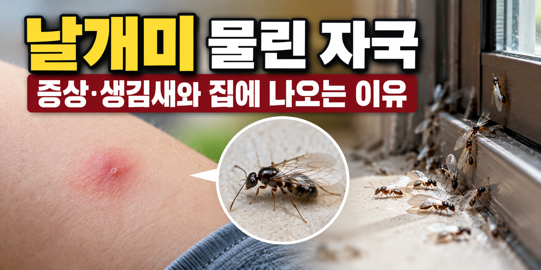 날개미 물린 자국과 날개미 생김새 및 창틀에 모인 날개미