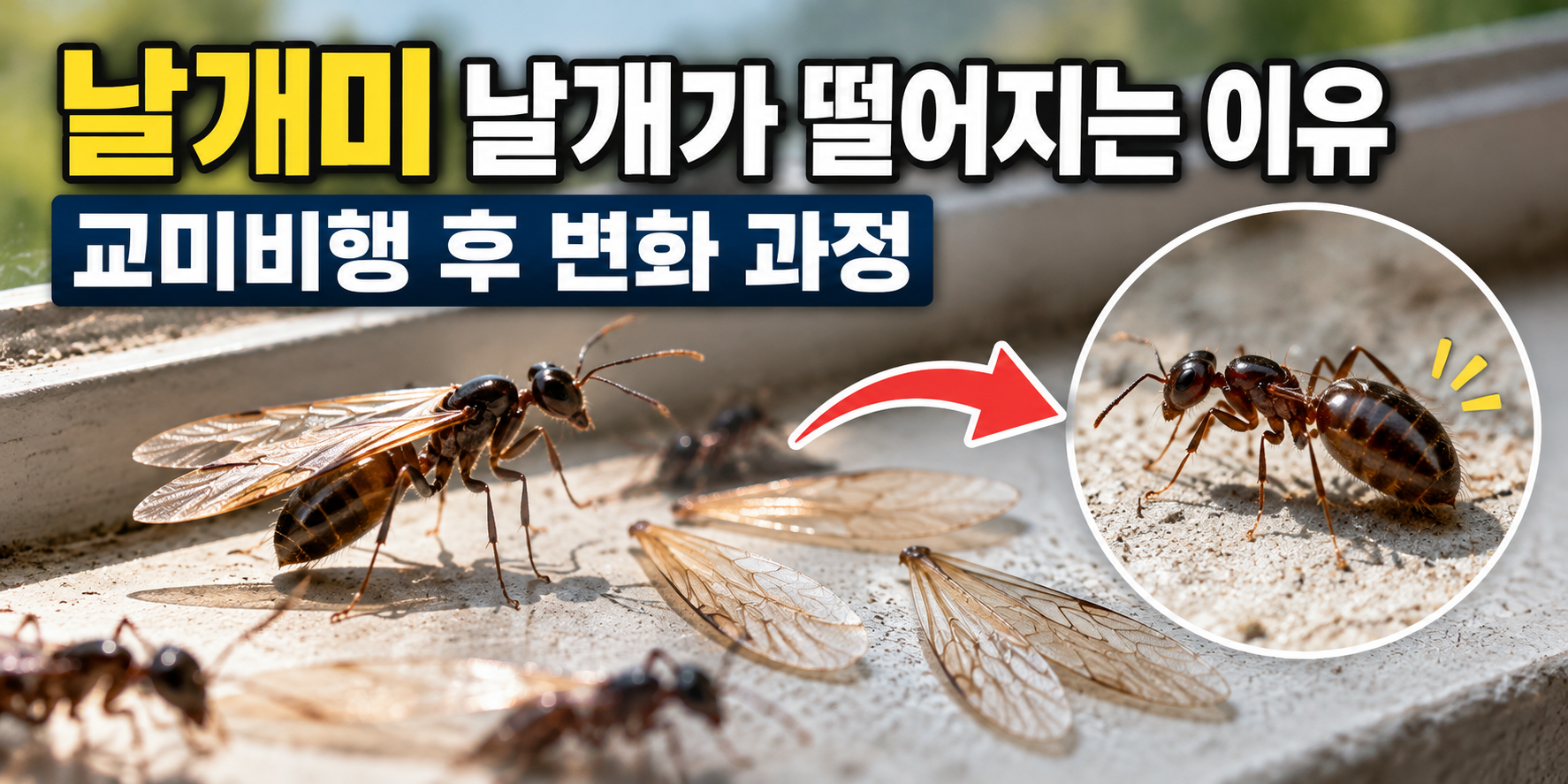교미비행 후 날개가 떨어진 날개미와 떨어진 날개