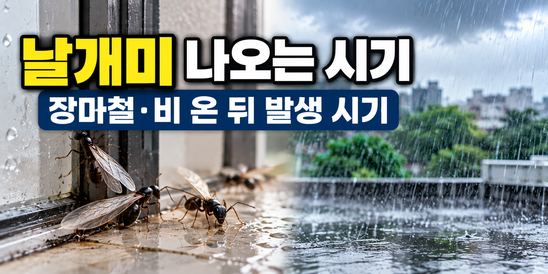 장마철 비 온 뒤 젖은 창틀에 나타난 날개미